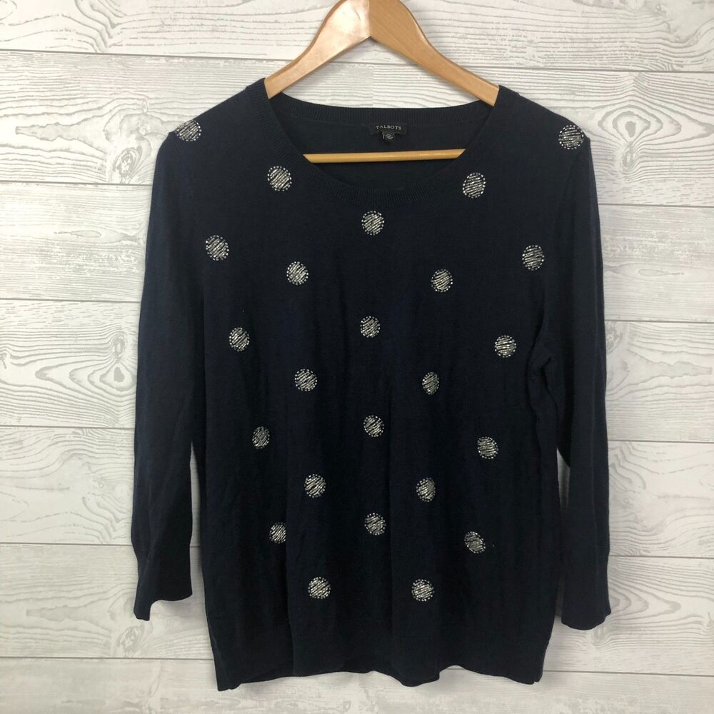 Talbots Women's XL Pullover Sweater Beaded Polka Dot 3/4 Sleeve Scoop Neck Blue